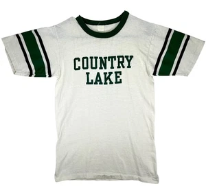 Vintage 70s Country Lake T Shirt Adults Small S White Green USA Ringer Jersey - Picture 1 of 6