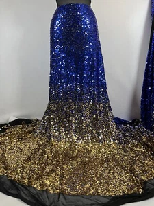 Stretch Sequin/Gold & Royal Blue ombre Design/4 Way Stretch Black Mesh-Per Yard - Picture 1 of 6