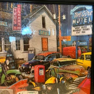 Gerahmtes Puzzle Bild alte nostalgische Autos Motorräder LKW Hunde Bel Aire Motel  - Bild 1 von 8