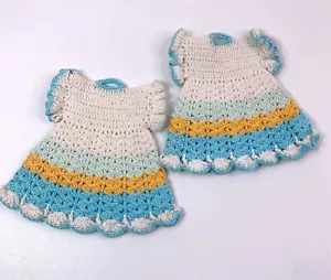 Juego de 2 soportes para macetas vintage de ganchillo a mano azul verdoso y amarillo - Imagen 1 de 4