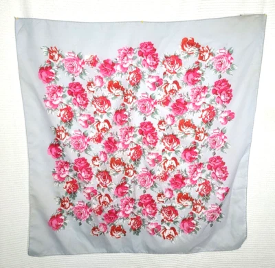 Vtg 70s Pink Rose Rain Scarf 31x31" Print Gray Border Poly Square Bandana Retro - Image 1 of 4