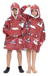 Children's Red Christmas Oversized Snuggle Warm Cosy Naughty Dog Hoodie Blanket - Picture 1 of 2