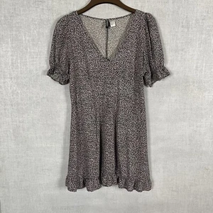 H&M Divided Black White Floral Mini Dress Size L Puff Sleeve V-Neck Lightweight - Picture 1 of 13