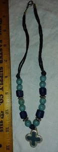 Silvertone Teal and Blue Beaded Cord Necklace w/ Modified Cross Pendant GUC! - Picture 1 of 7