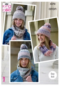 Easy Knit Womens Snoods & Hats Ladies Knitting Pattern King Cole Aran 5270 - Picture 1 of 4