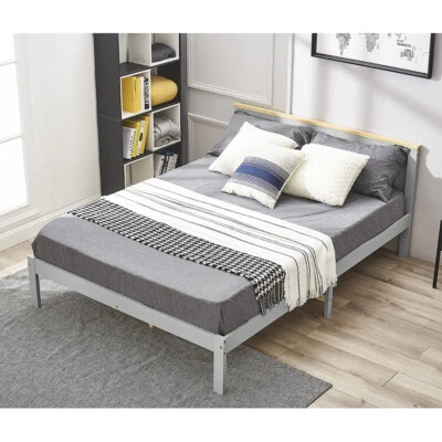 Panana Grey/Wood Double Bed Frame 4FT6 Wooden Bed for Adults, Kids, 137*190cm