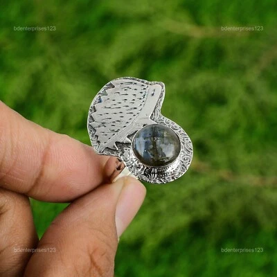 Anillo ajustable solitario de piedras preciosas de labradorita natural de plata de ley 925 Foto 1 de 3