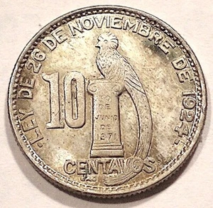 GUATEMALA .900 SILVER 10 Ctvos 1945 Unc. KM-239.1 Ppd-USA - Picture 1 of 2