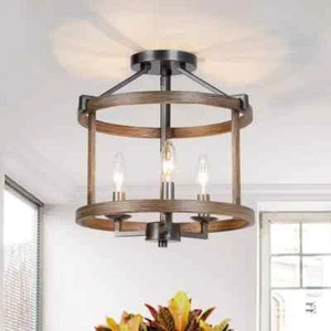 LNC Modern Farmhouse 3-Light Candlestick Brown Drum Semi Flush Mount Lighting - Picture 1 of 6