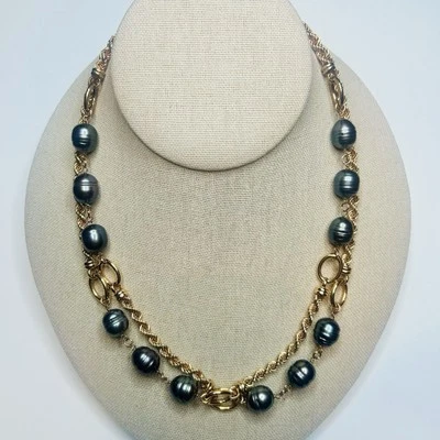 "Collar de estación de perlas negras cuerda torcida tono oro rosa Italia bronce 36""" Foto 1 de 4