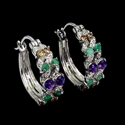 925 Sterling Silver Earrings Round Amethyst Emerald Sapphire Gemstone Jewelry - Image 1 of 4