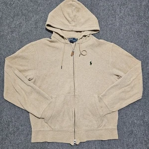 VTG Polo Ralph Lauren Full Zip Ribbed Hoodie Sweatshirt Mens Tan Size Medium Y2K - Picture 1 of 10