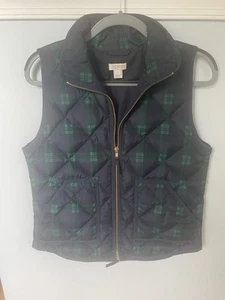 J.Crew Women's Puffer Vest Quilted Full Zip Size S Forest Green Navy Blue Plaid - Picture 1 of 5