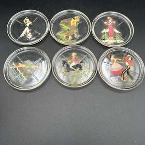 Vintage Women In Sports Series Glass Coasters Set of 6  with Decals 3" - Picture 1 of 10
