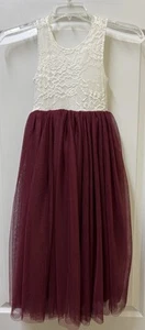 2Bunnies Peony Lace Tulle Flower Girl Dress Easter White Burgundy Girls Size 6 - Picture 1 of 11