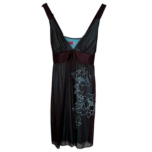 Ruby Rox Y2K Babydoll Mini Dress Brown Teal Beaded Flower Size M Fairy Mermaid - Picture 1 of 15