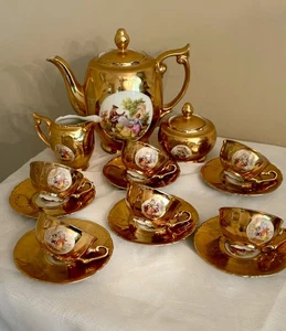 Vtg Bavaria Germany Porcelain 24K Gold Gilded Tea Set Courting Couple 12 Pc SVL - Picture 1 of 23