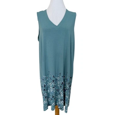 J Jill Wearever XL Teal Jersey Knit Floral Bottom Sleeveless Knee Length Dress - Image 1 of 4