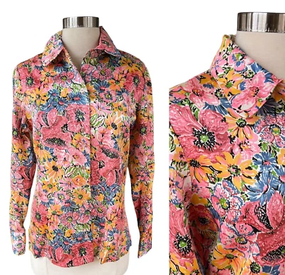 Vintage 70s Sears Junior Bazaar Colorful Pink Blue Floral Flower Art Blouse 11 M - Image 1 of 4