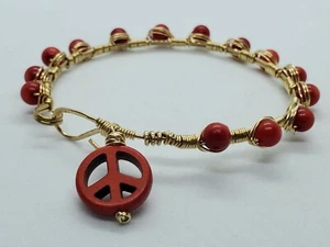 New red coral wired bracelet dangle charm peace love sign artisan unique boho - Picture 1 of 7