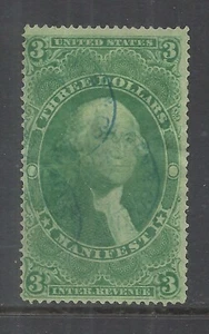 U.S. SCOTT R86c USED FINE - 1862 $3 GREEN MANIFEST ISSUE CAT $55.00 (B) - Picture 1 of 2