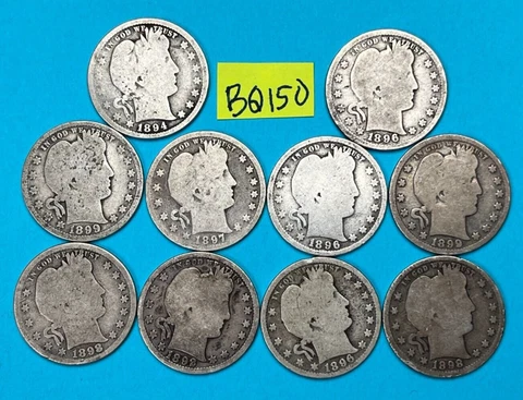 Barber Quarter Lot of 10 Coins dated 1892-1899 | 90% Silver Quarters | #BQ150 Cover