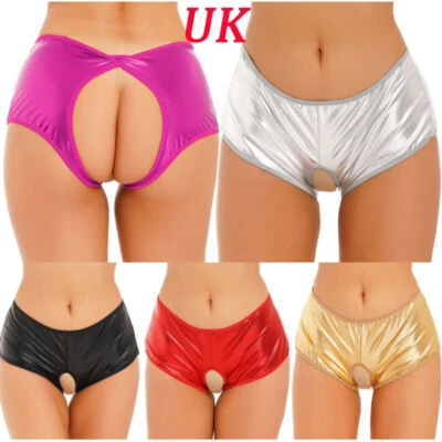 UK Womens Shiny Metallic Crotchless Booty Short Low Rise Panty Underwear Club - Image 1 of 4