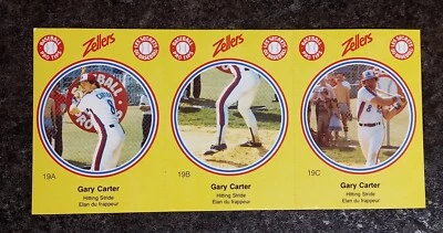 1982 Zellers Gary Carter Montreal Expos Uncut Panel Of 3 Cards, Panel 19, Nice - Image 1 of 4
