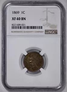1869 Indian Head 1c Cent NGC XF 40 BN Brown - Picture 1 of 4