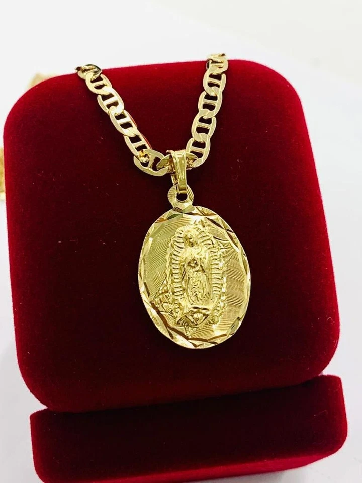 14K Gold Filled Virgen de Guadalupe Charm Necklace for Mens MAriner Chain 24" - Image 1 of 4