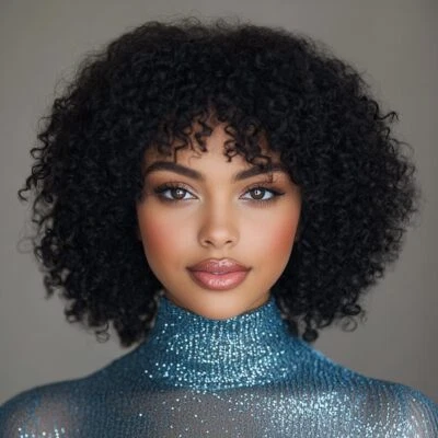 Pelucas cortas de cabello humano afro rizado peluca negra sin pegamento para uso diario Foto 1 de 4