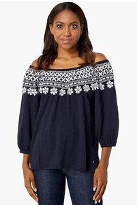 Tommy Hilfiger Off The Shoulder Embroidered Casual Knit Top Dark Blue Size S - Picture 1 of 7