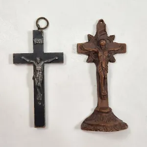Wood Crucifixes Lot of 2 Brown Black 4" Hanging Standing Cross - Picture 1 of 9
