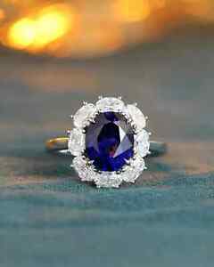 Oval 3.42 Ct Lab Created Sapphire & Diamond Engagement Ring 14K White Gold 7 8 9