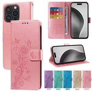 For iPhone 16 Pro/15/14/13/12/11 Embossed Leather Flip Wallet Card Stand Case - Picture 1 of 73