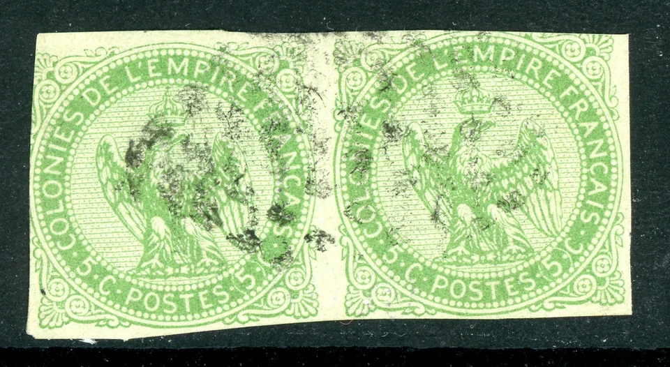 France 1865 Colonies General Issues 5¢ Yellow Green Scott #2 Pair VFU M471 - Image 1 of 4
