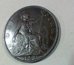 1902 Edward VII Penny schöner Sammlerzustand 1d große britische Münze Fc21#3 - Bild 1 von 2