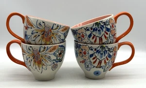 Set Of 4 Anthropologie Peach Floral Coffee Mugs Cups Hand Painted - Picture 1 of 11