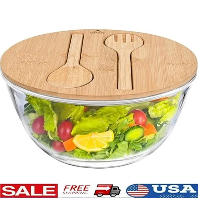 Glass Salad Bowl W/ Sealed Lid Serving Utensils Large Mixing Bowl Microwave Safe - Image 1 of 4
