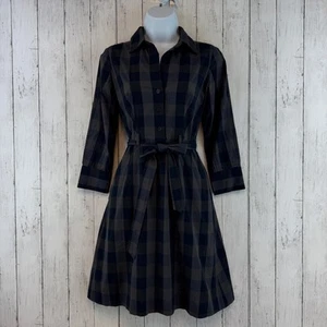 Theory Navy Gray Plaid Stretch Cotton Tie Belted Long Sleeve Shirt Dress Size 0 - Picture 1 of 15