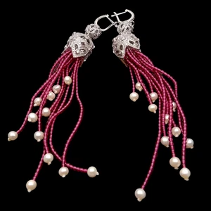 Natural Purple Garnet White Pearl Tassel Cubic Zirconia Pave Lever Back Earrings - Picture 1 of 7