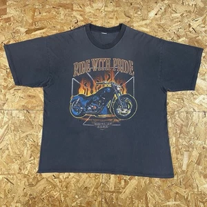 Vintage Y2K Ride With Pride Black Faded Flames Biker Shirt Size 2XL - Picture 1 of 7