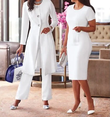 Women's Church Wardrobe Wedding Occasions White 3PC Pant suit & dress Size 10 16 Foto 1 de 4