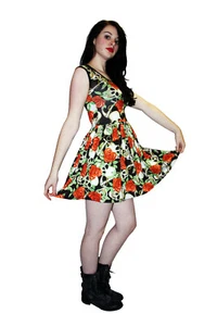 VESTIDO DE FIESTA GÓTICO EMO PARA MUJER CORAZÓN ROSA CALAVERA TATUAJE ROCKABILLY SWING AÑOS 50 - Imagen 1 de 3