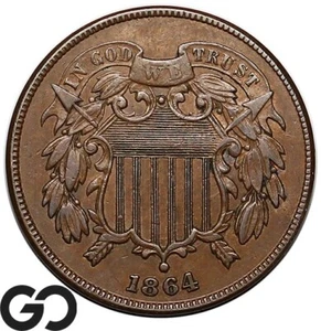 1864 Two Cent Piece, Large Motto, Choice AU+ - Picture 1 of 3