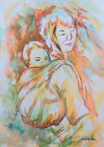 Aquarelle mère enfant bébé Tendresse maternelle Amour maman famille portage