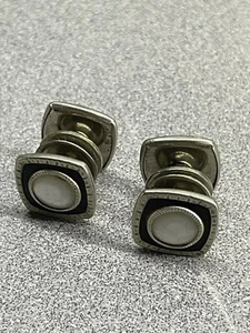 Art Deco Black Silver Snap Link Cufflinks MOP Pearl Shell Two Sided Square Retro - Picture 1 of 8