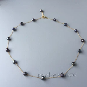 18'' Hot AAA Genuine Natural Tahitian Black round Real Pearl Necklace 14k Gold P - Picture 1 of 6