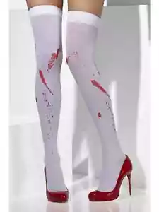 Ladies White Opaque Hold Ups Blood Splatter Stockings Fancy Dress Accessory - Picture 1 of 3