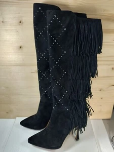 Vince Camuto Panaryaz Knee High Boot Size 8 Suede Fringe Stud Western Glam Sexy - Picture 1 of 22